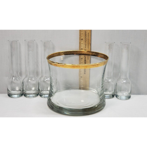 Flared Ice Bucket on Heavy Base w/ Five Contemporary Liquor Cordials Gold Rim - Picture 7 of 7